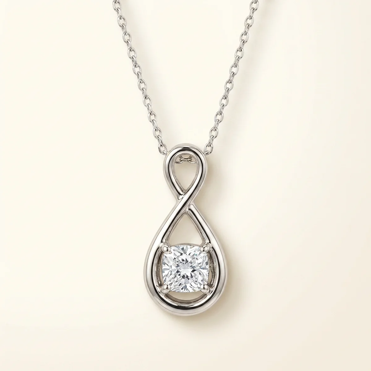 A .5ct colorless cushion diamond on a platinum pendant, custom-designed by Eterneva to honor the remarkable Maggie.
