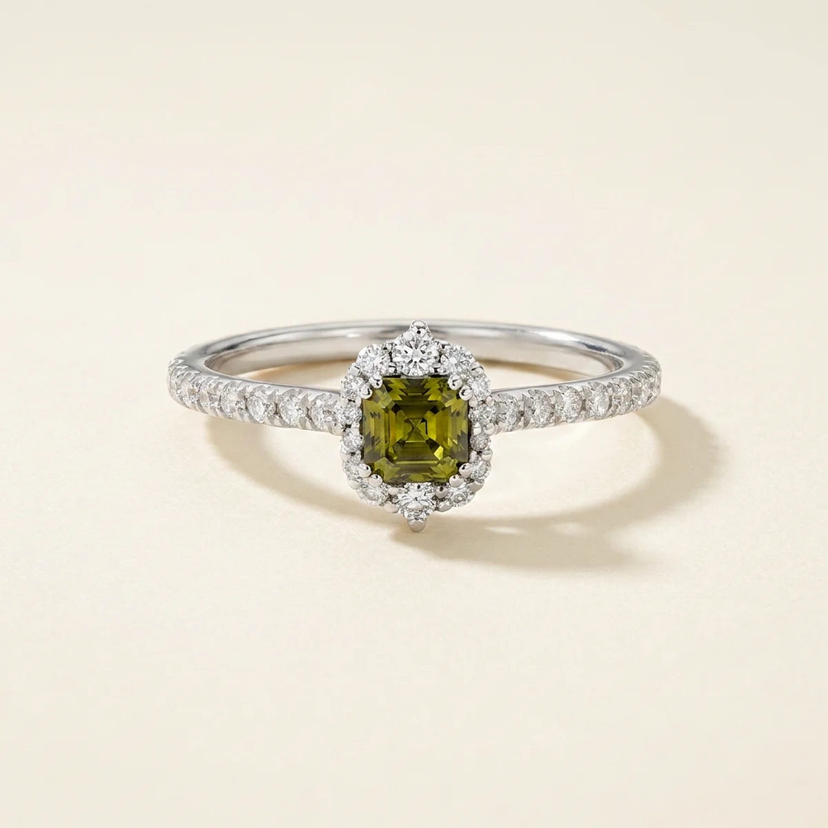 A .5ct green asscher diamond on a white gold ring, custom-designed by Eterneva to honor the remarkable Glenda.