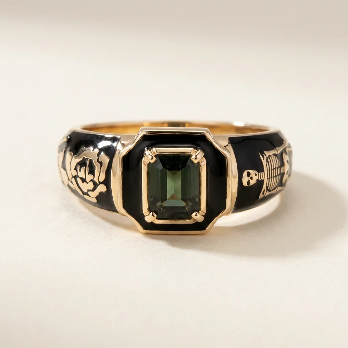 A .25ct black emerald diamond on a yellow gold ring, custom-designed by Eterneva to honor the remarkable Jane.