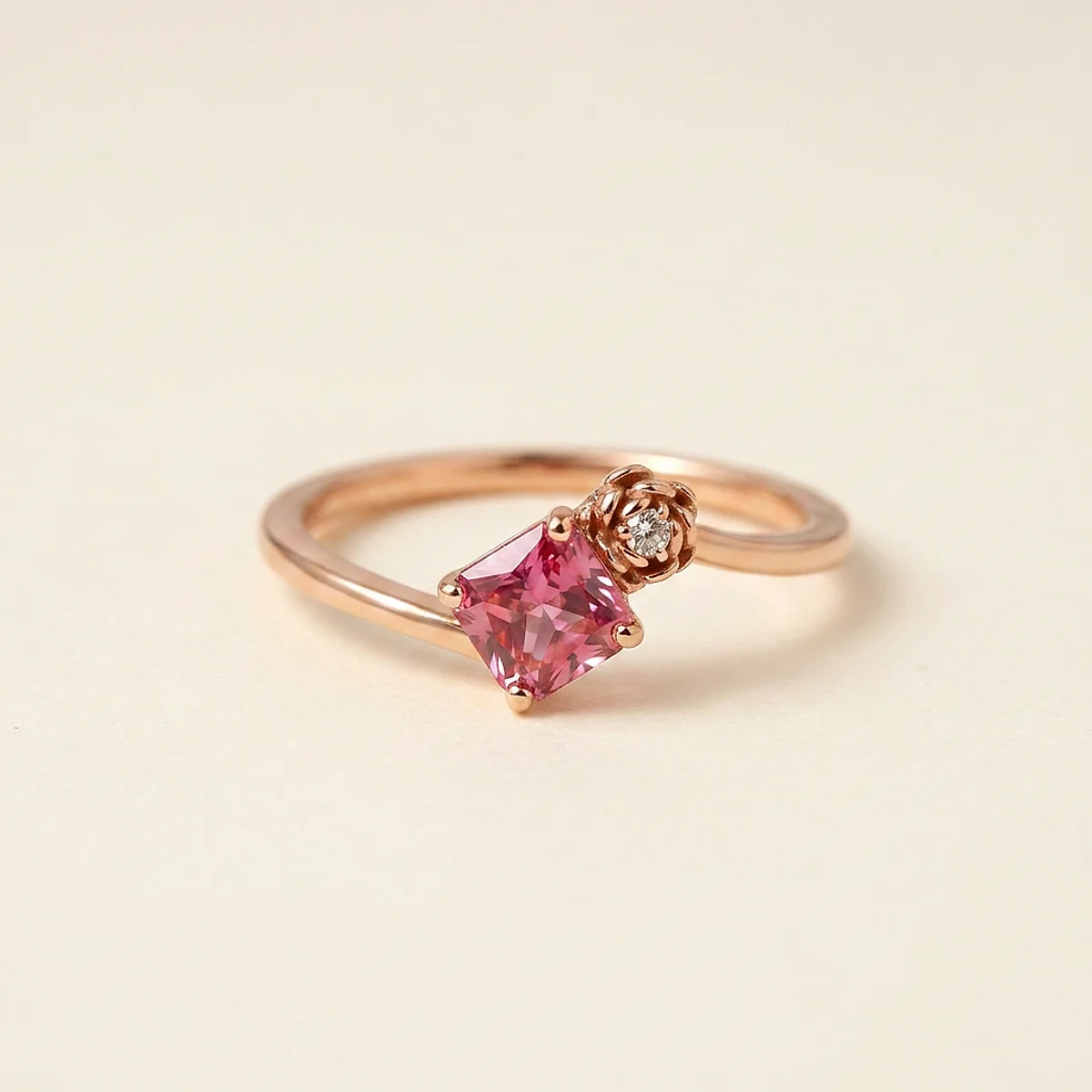 A .75ct pink square radiant diamond on a rose gold ring, custom-designed by Eterneva to honor the remarkable Mary.
