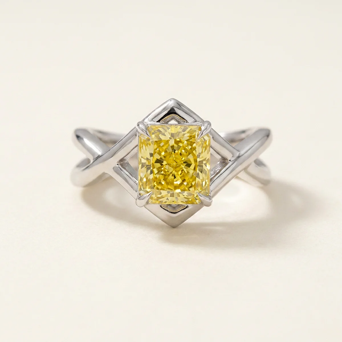 A 1.5ct yellow rectangular radiant diamond on a white gold ring, custom-designed by Eterneva to honor the remarkable Atticus.