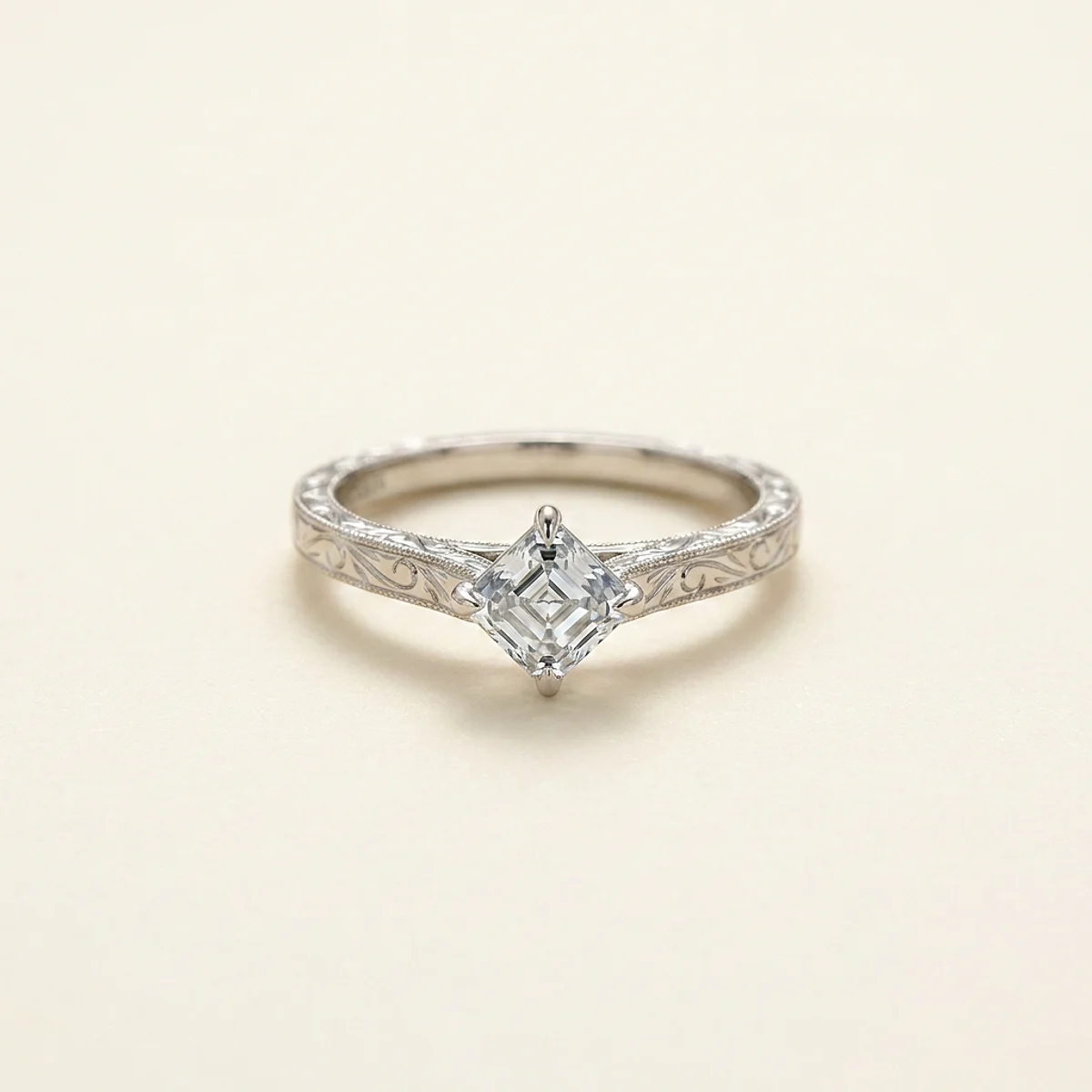 A .5ct blue asscher diamond on a white gold ring, custom-designed by Eterneva to honor the remarkable Taz.