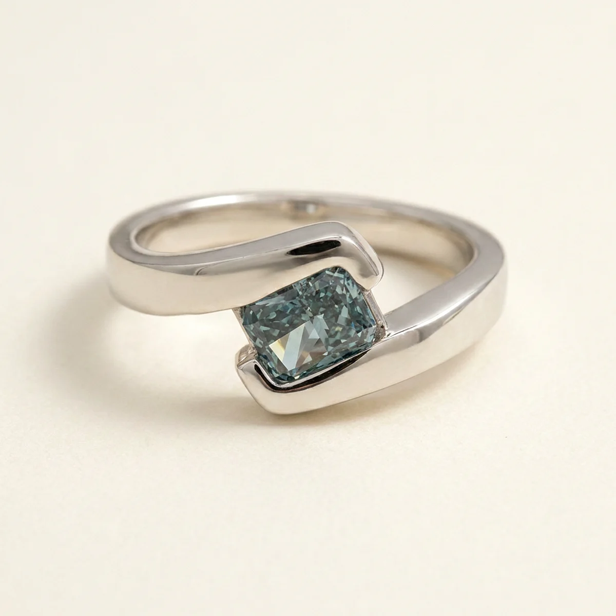 A 1ct blue radiant diamond on a white gold ring, custom-designed by Eterneva to honor the remarkable Willoughby.