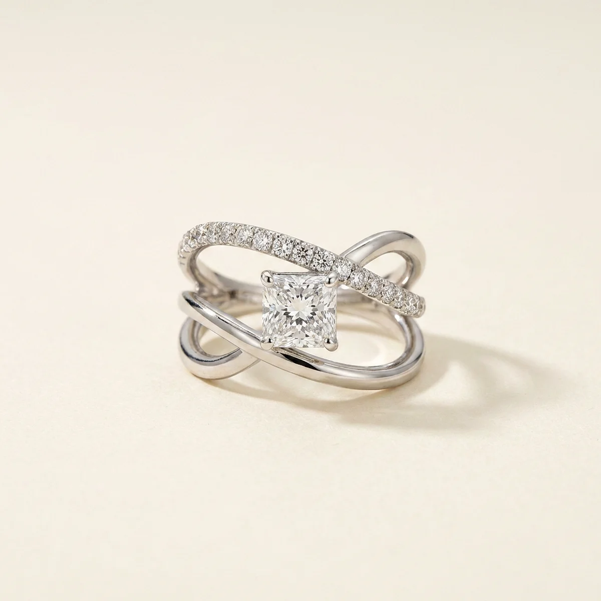 A 1ct colorless square radiant diamond on a white gold ring, custom-designed by Eterneva to honor the remarkable Akira.