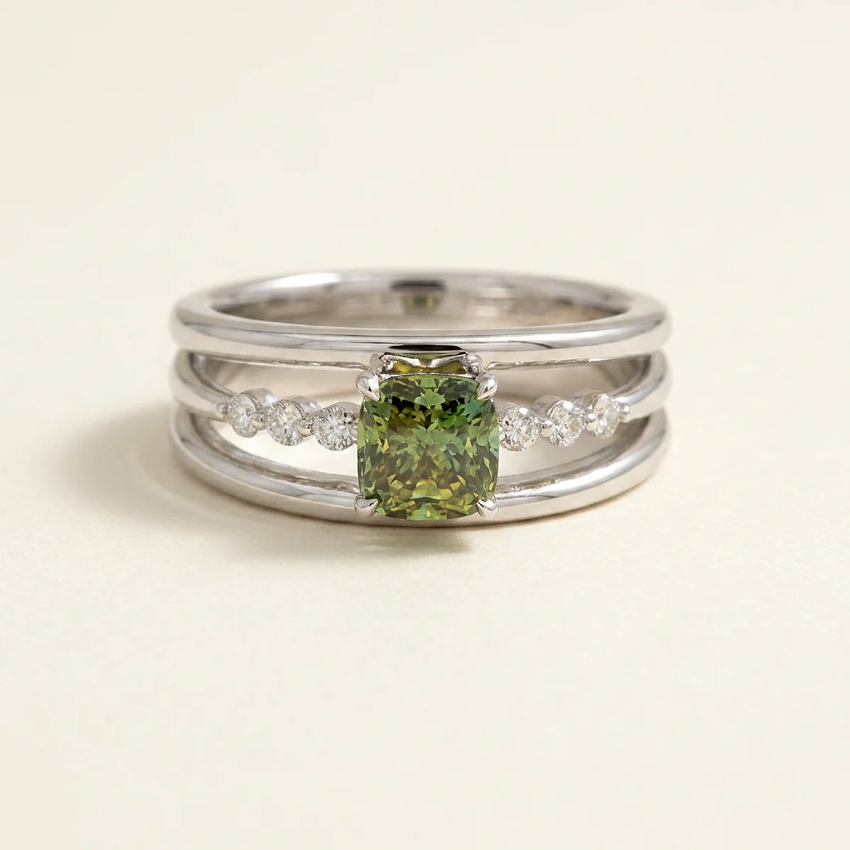 A .75ct green cushion diamond on a white gold ring, custom-designed by Eterneva to honor the remarkable Naomi.
