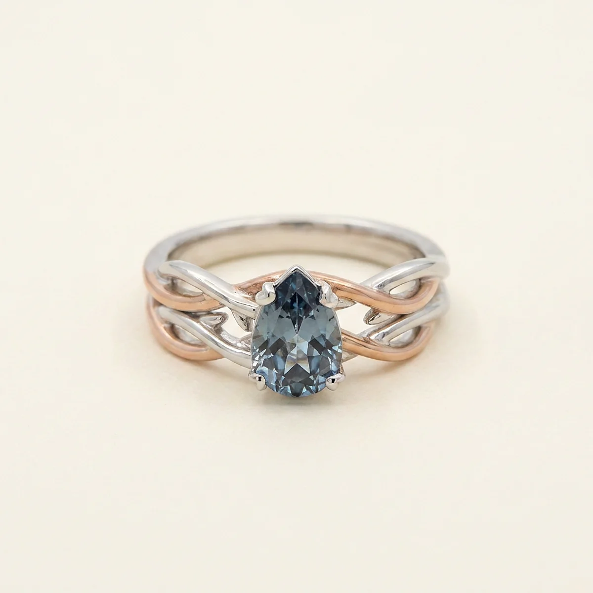 A 1ct blue pear diamond on a mixed metal ring, custom-designed by Eterneva to honor the remarkable Austin.