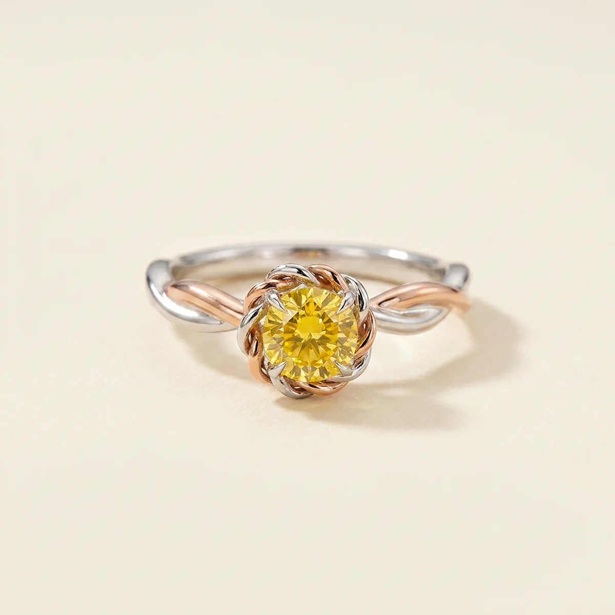 A .5ct yellow cushion diamond on a mixed metal ring, custom-designed by Eterneva to honor the remarkable Vader.