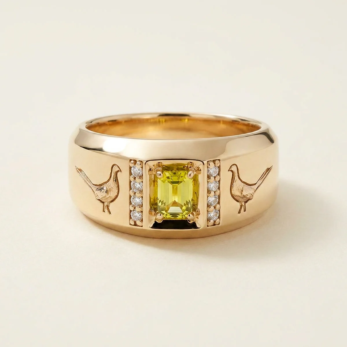 A .4ct green emerald diamond on a yellow gold ring, custom-designed by Eterneva to honor the remarkable Sam.