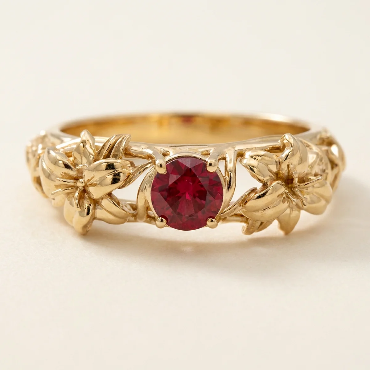 A .4ct red round diamond on a yellow gold ring, custom-designed by Eterneva to honor the remarkable Jie.