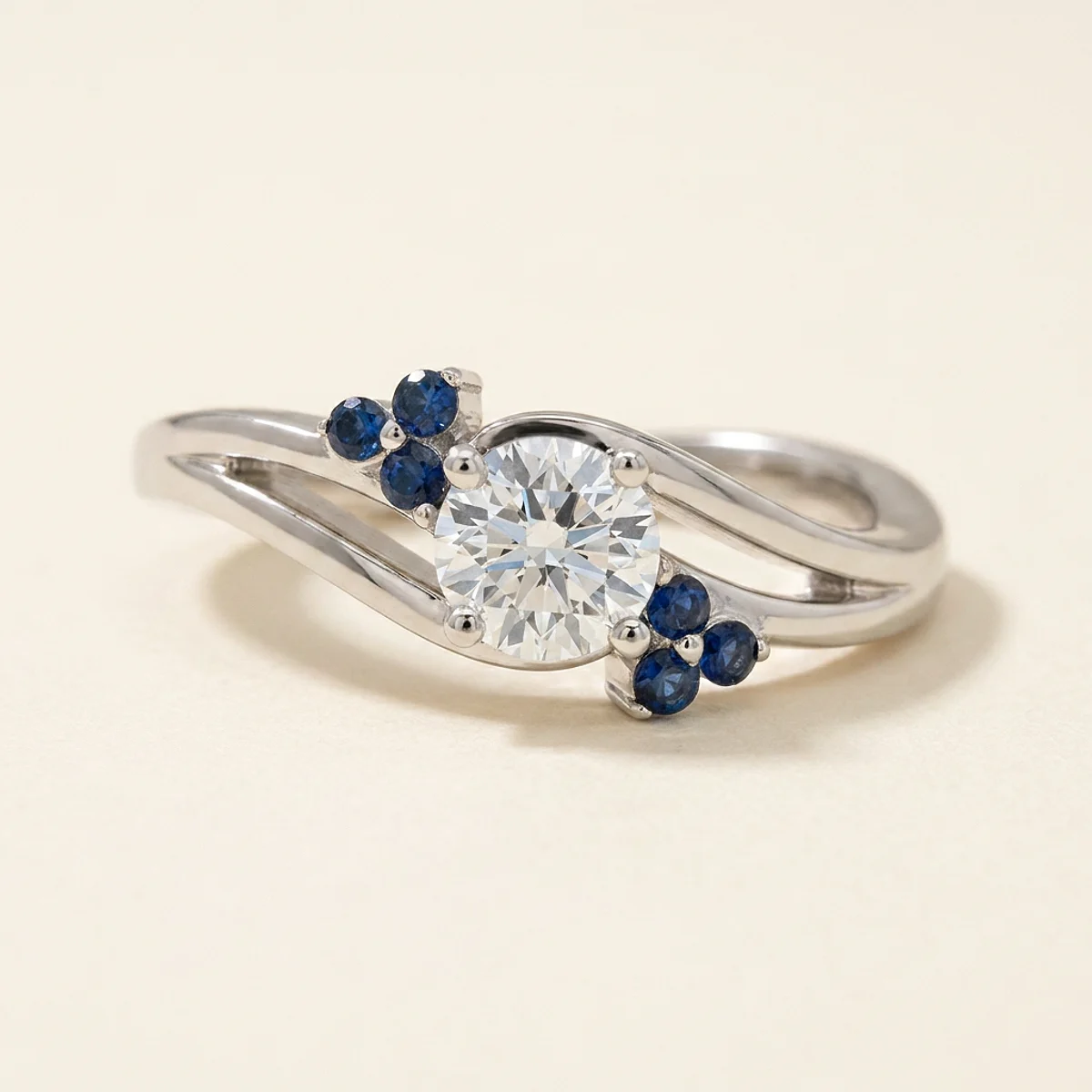 A .5ct blue round diamond on a white gold ring, custom-designed by Eterneva to honor the remarkable Jamie.