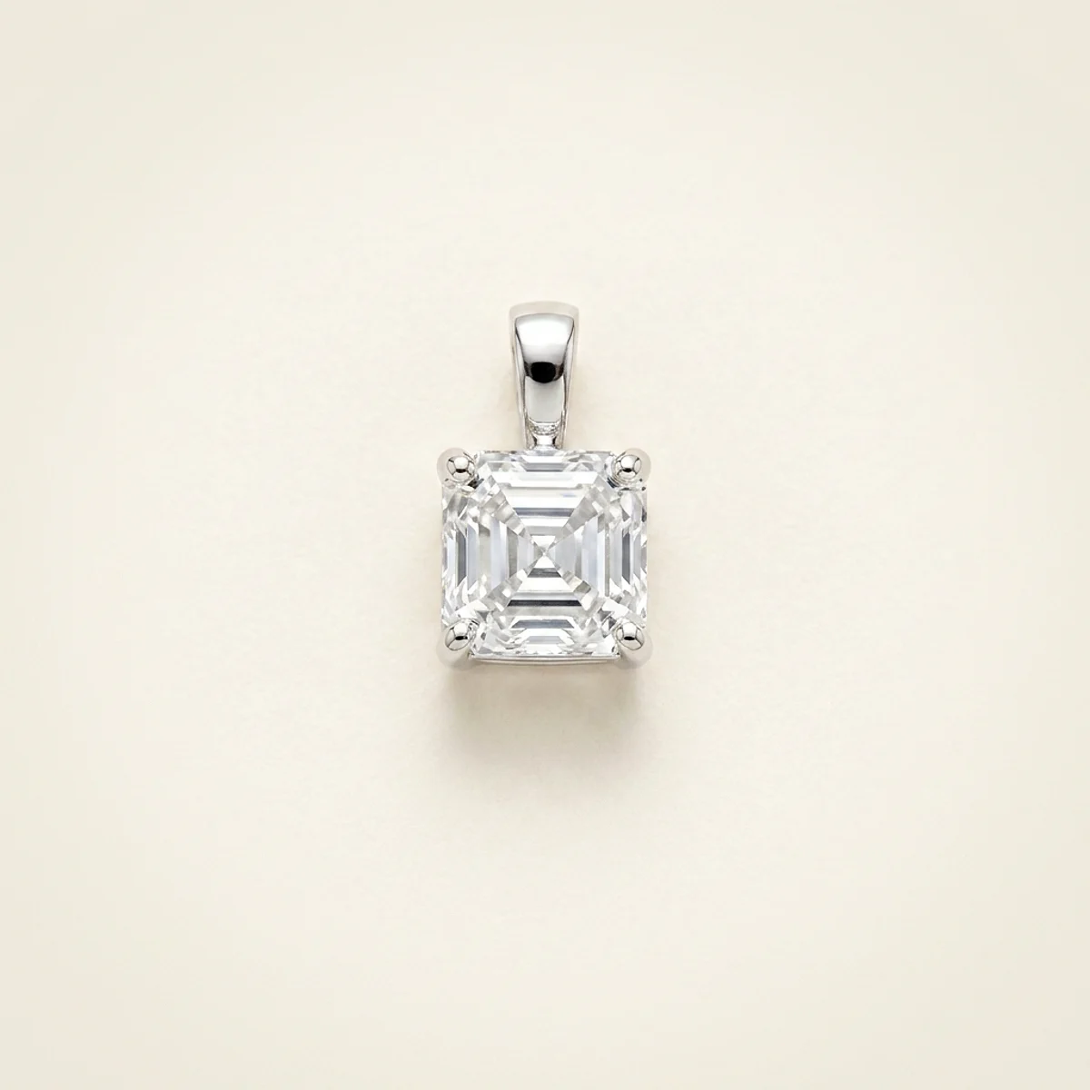 A 1ct colorless asscher diamond on a white gold pendant, custom-designed by Eterneva to honor the remarkable Katie.