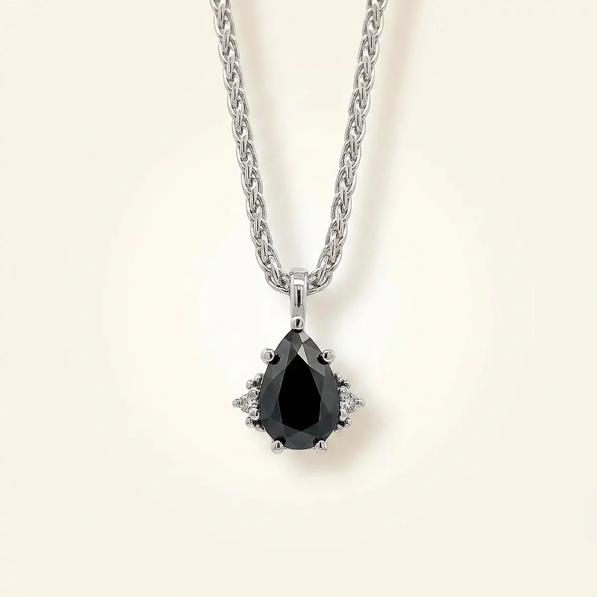 A .5ct black pear diamond on a platinum pendant, custom-designed by Eterneva to honor the remarkable Meeka.