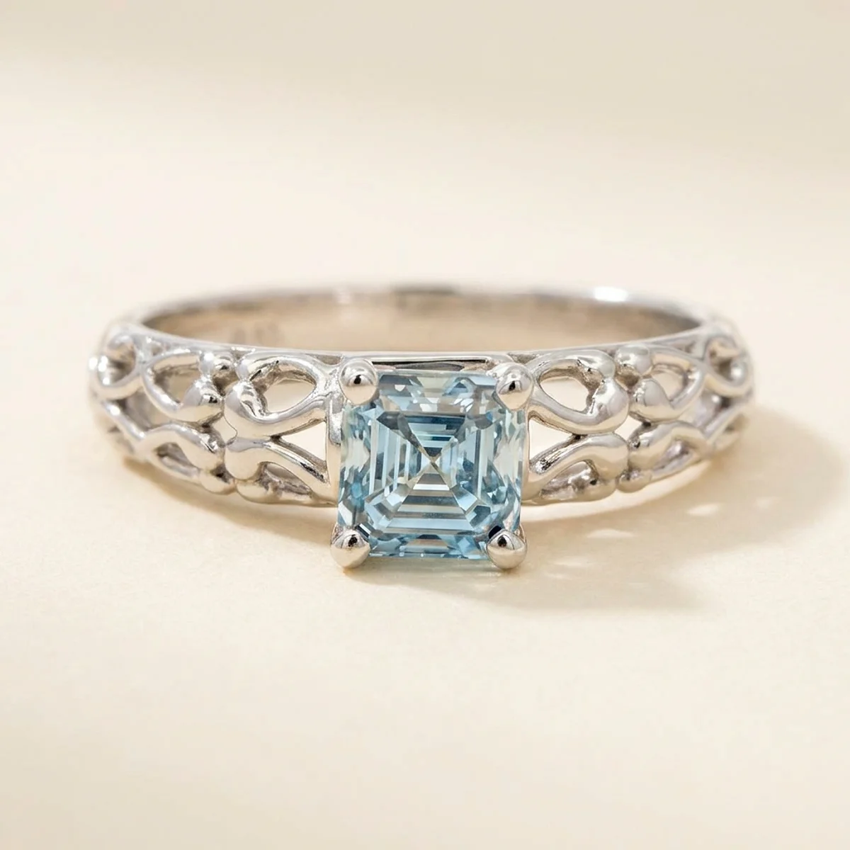 A .75ct blue asscher diamond on a white gold ring, custom-designed by Eterneva to honor the remarkable Kevin.