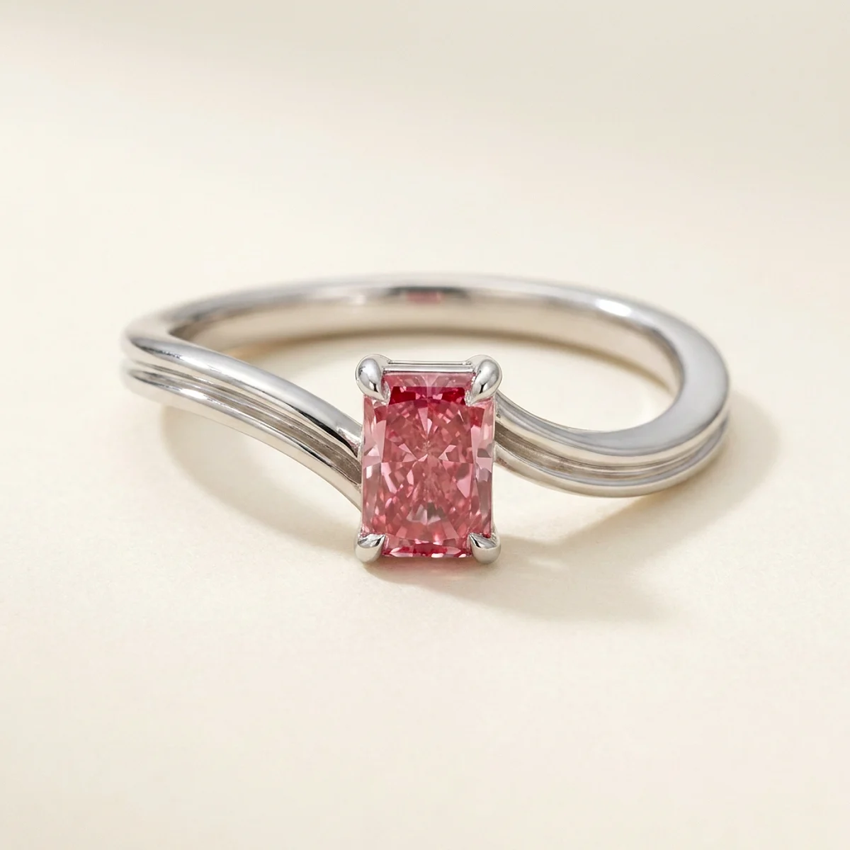 A .5ct pink rectangular radiant diamond on a white gold ring, custom-designed by Eterneva to honor the remarkable Piper.