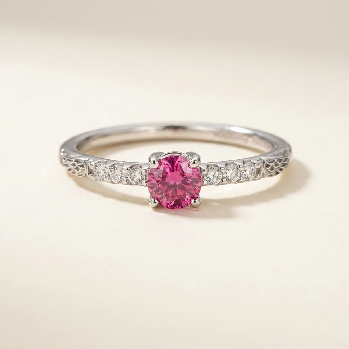 A .25ct red round diamond on a white gold ring, custom-designed by Eterneva to honor the remarkable Rhonda.