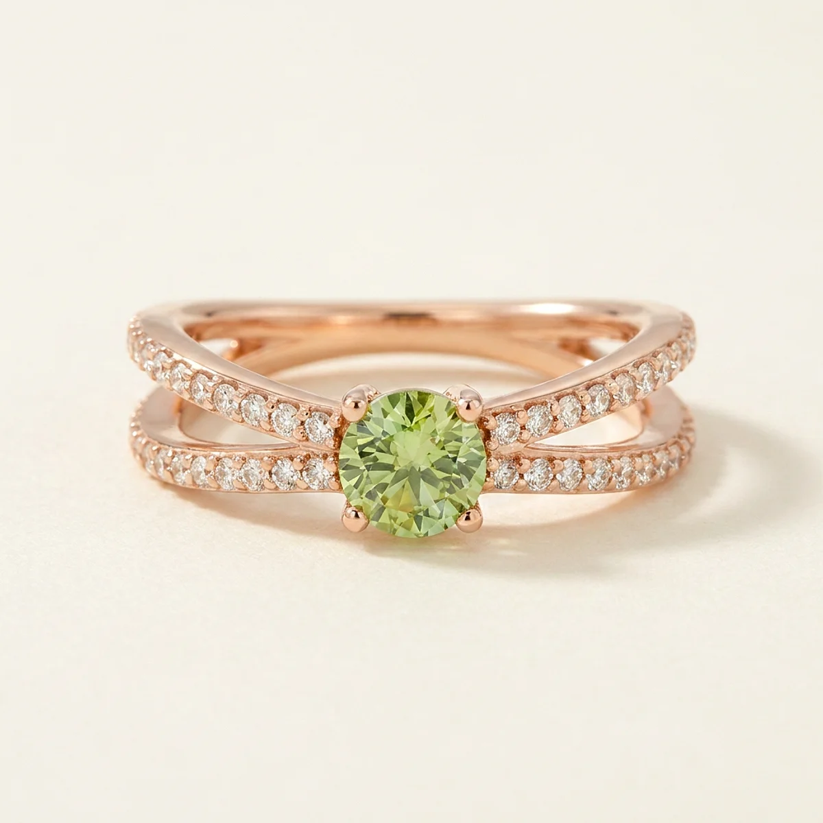 A .4ct green round diamond on a rose gold ring, custom-designed by Eterneva to honor the remarkable Sophie.