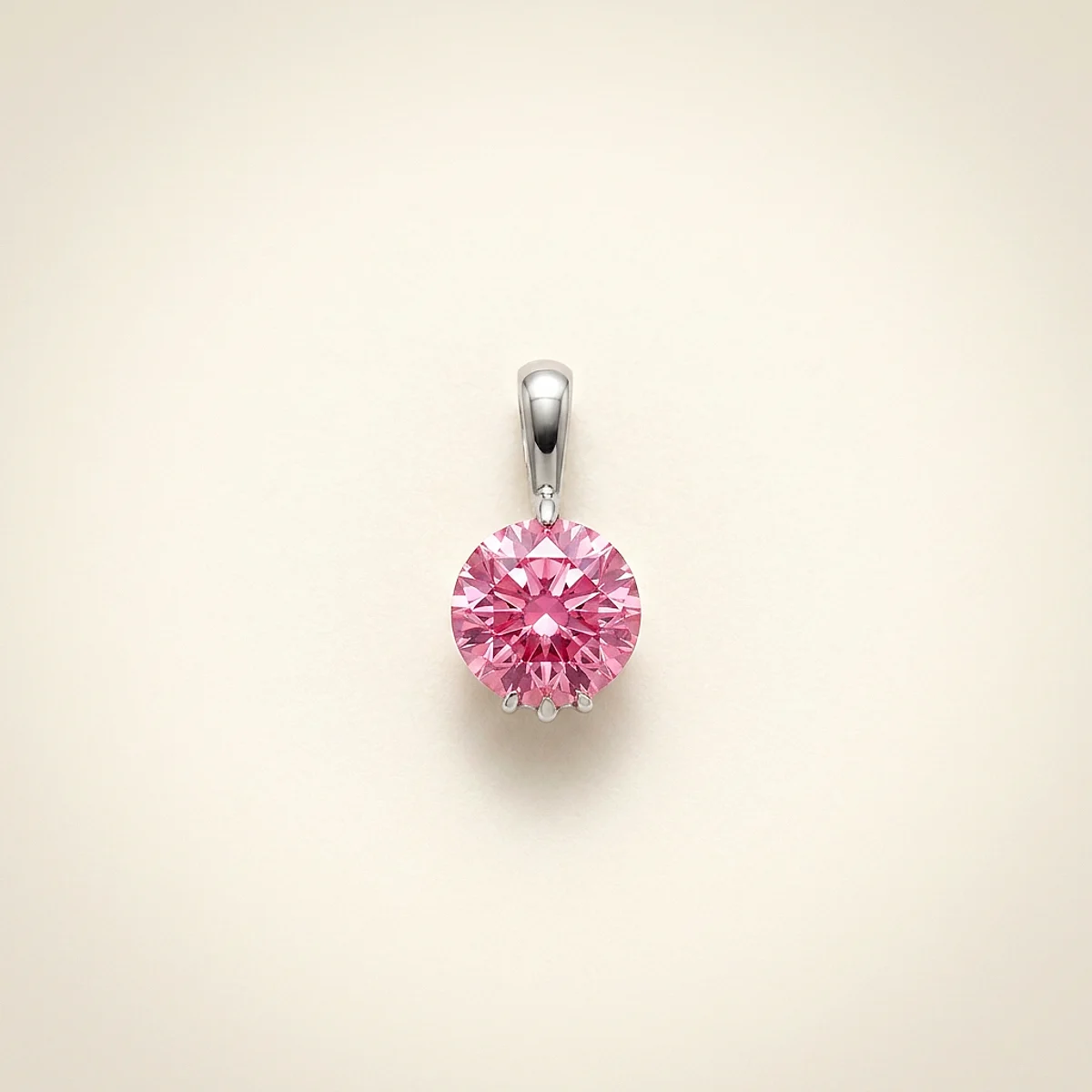 A 1.5ct pink round diamond on a white gold pendant, custom-designed by Eterneva to honor the remarkable Lola.