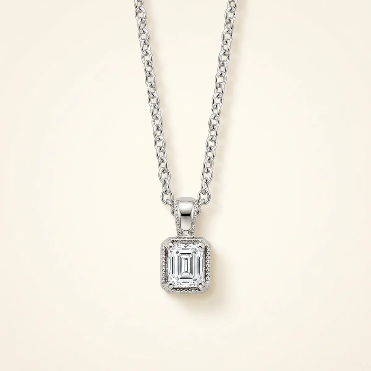 A .25ct colorless rectangular radiant diamond on a platinum pendant, custom-designed by Eterneva to honor the remarkable Charleen.