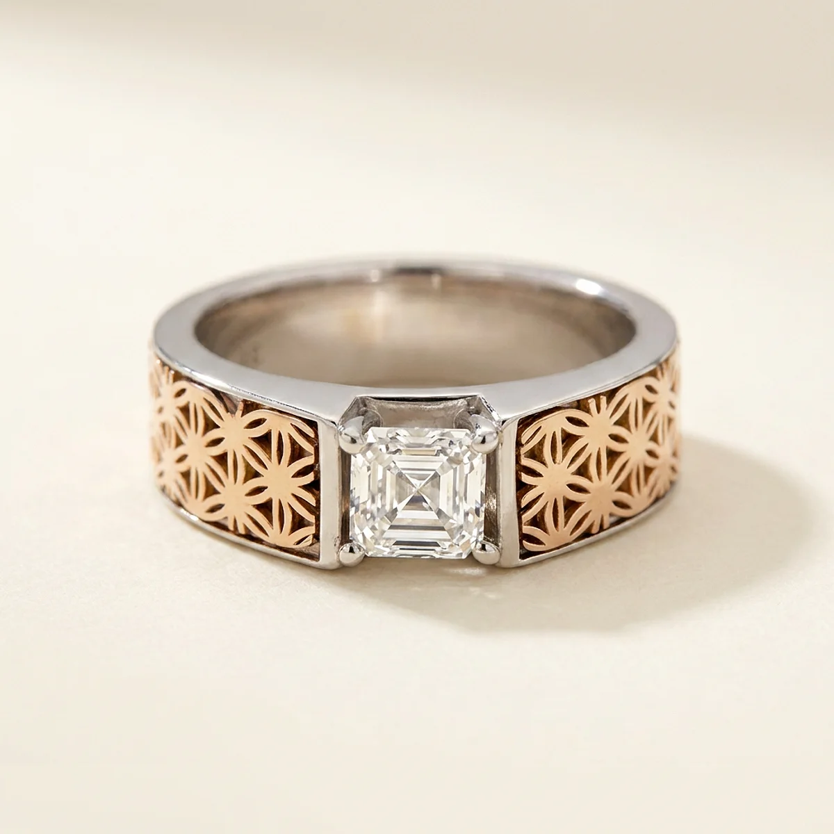 A .5ct colorless asscher diamond on a mixed metal ring, custom-designed by Eterneva to honor the remarkable Zia.