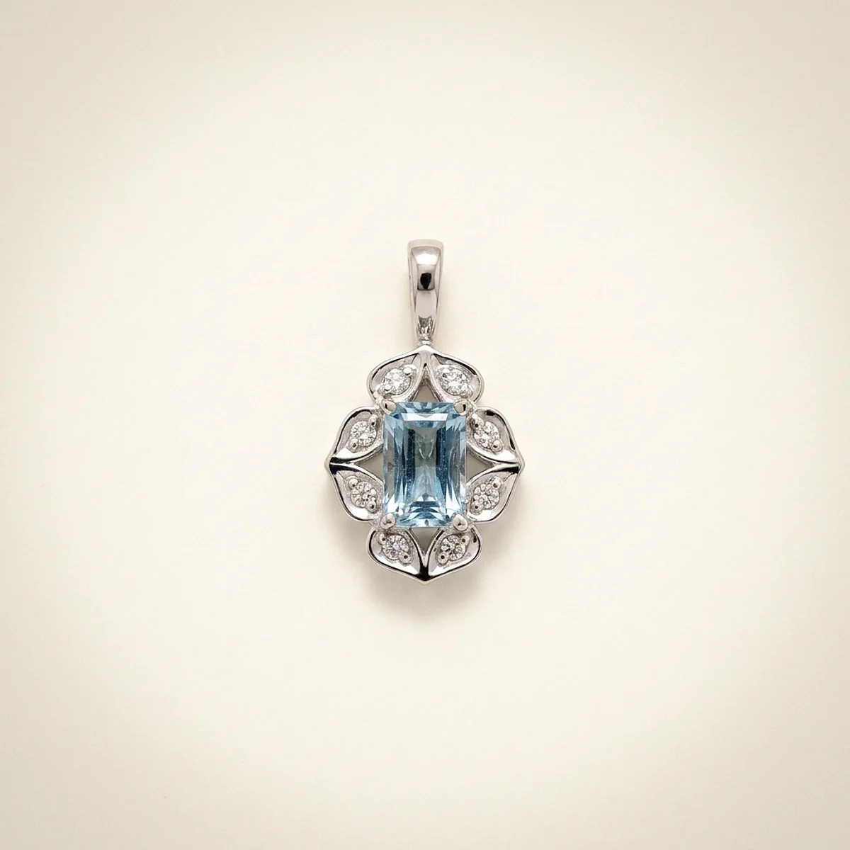A .5ct blue rectangular radiant diamond on a white gold pendant, custom-designed by Eterneva to honor the remarkable Kia.