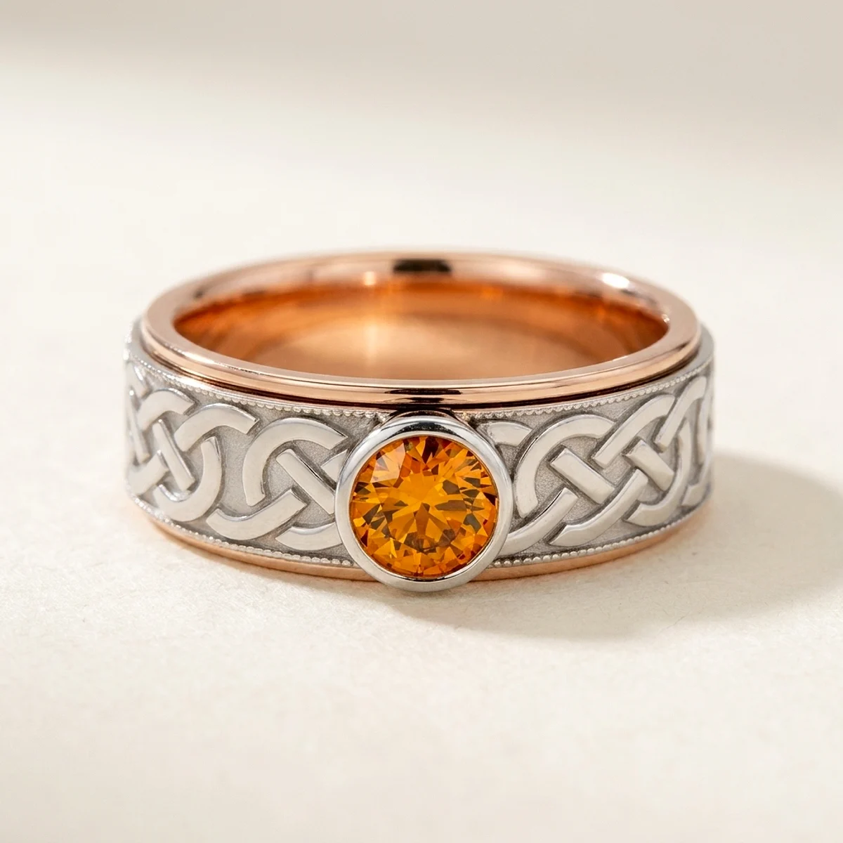 A .5ct amber round diamond on a mixed metal ring, custom-designed by Eterneva to honor the remarkable Belly.