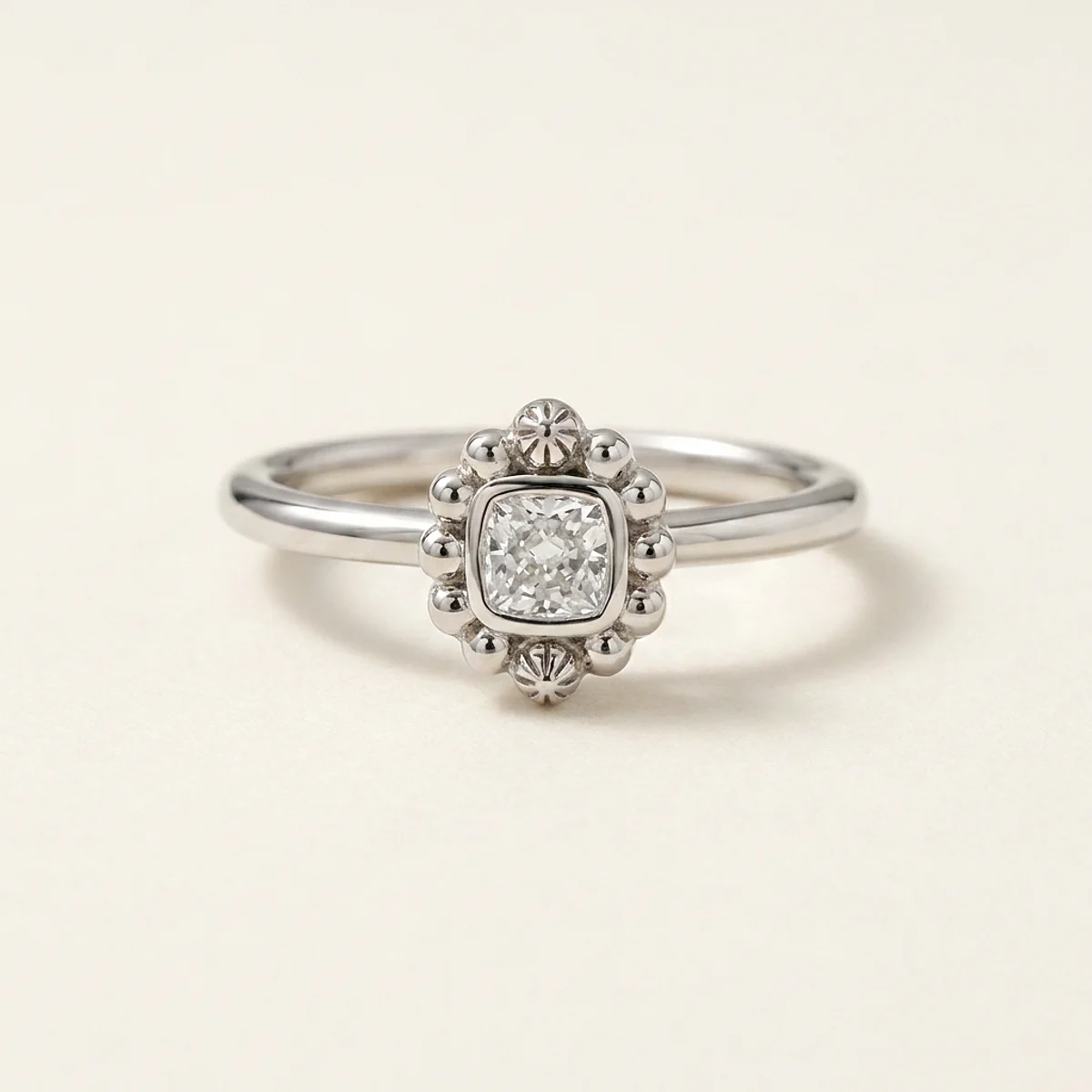 A .25ct colorless cushion diamond on a platinum ring, custom-designed by Eterneva to honor the remarkable Annabelle.