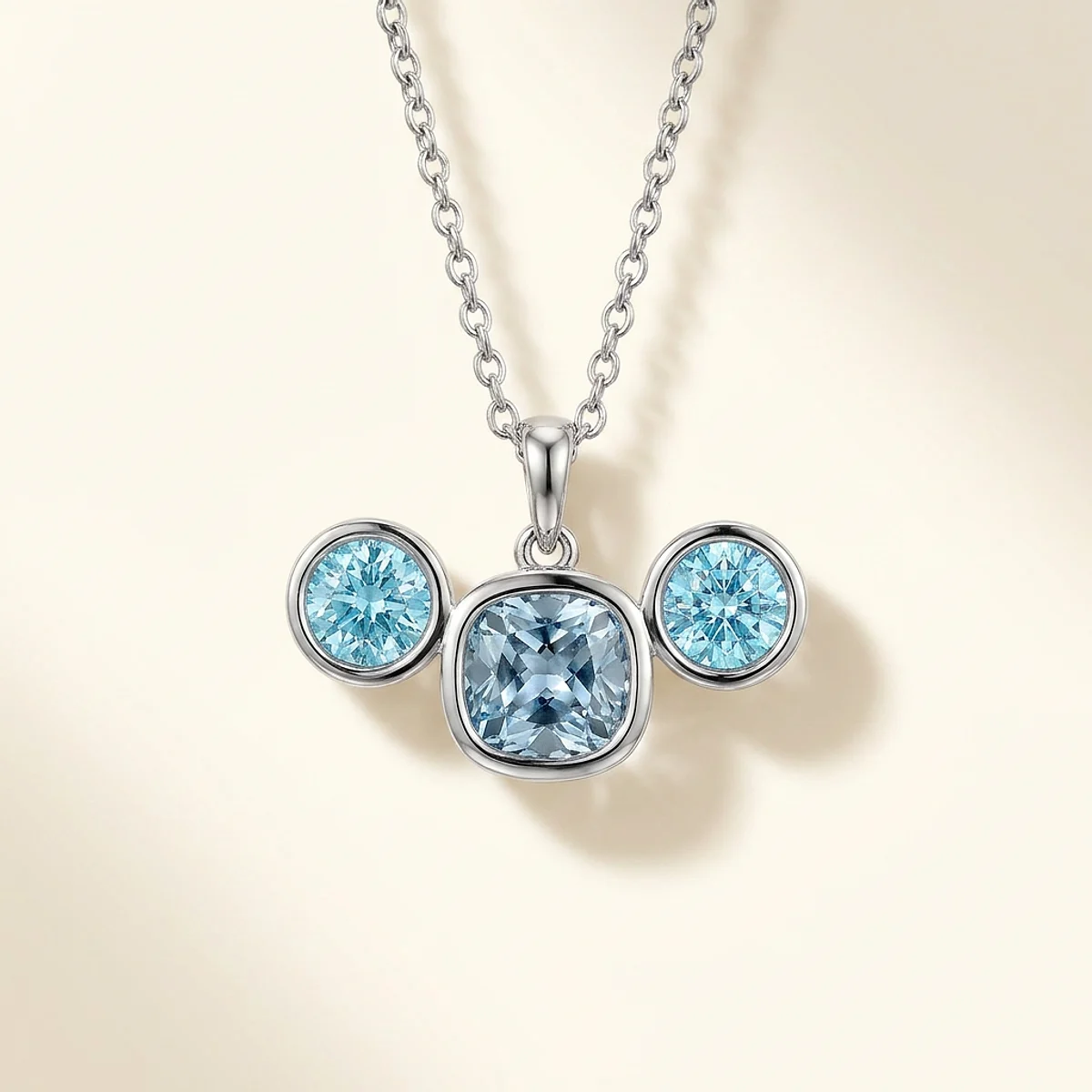 A 1.5ct blue cushion diamond on a platinum necklace, custom-designed by Eterneva to honor the remarkable Ivy.