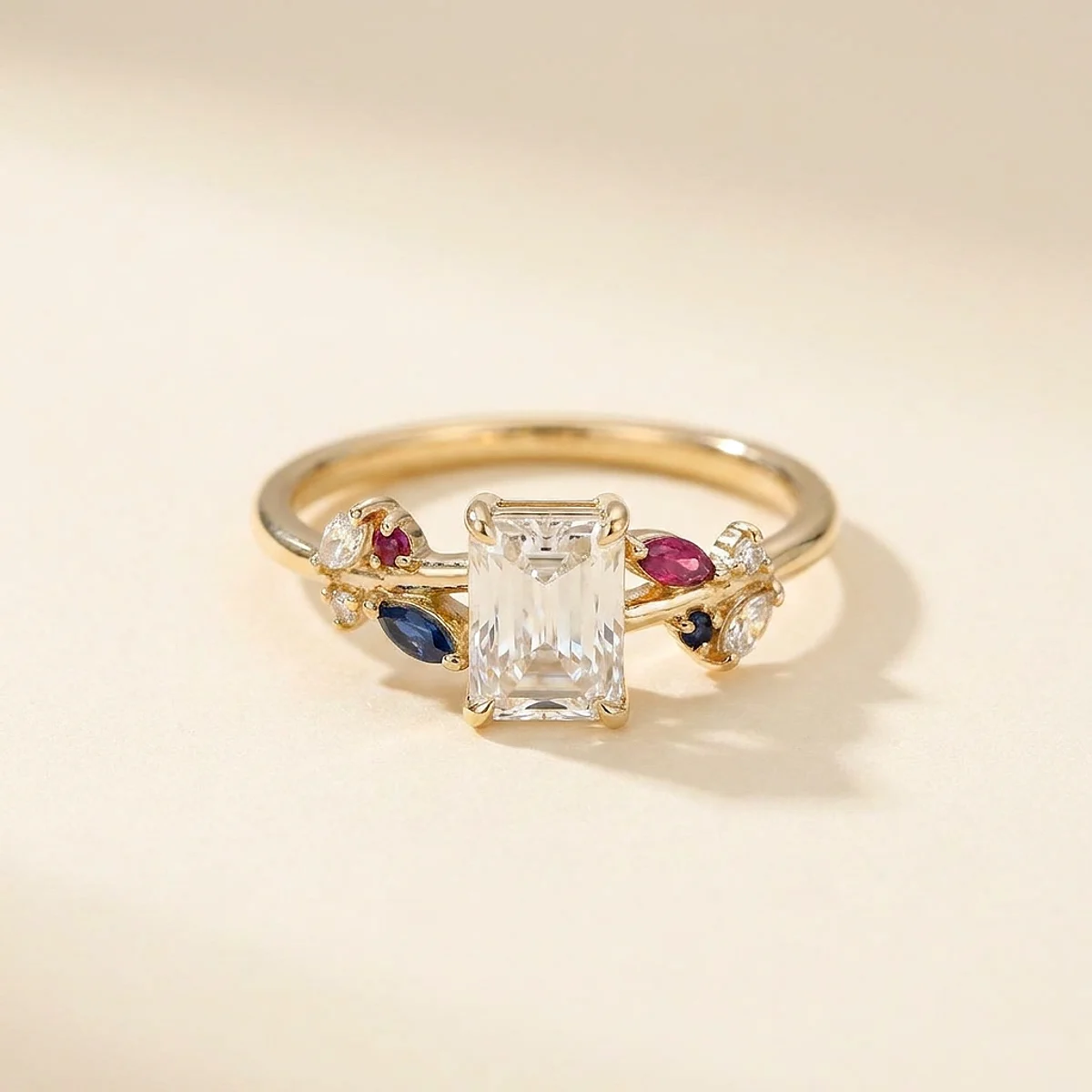 A 1ct colorless rectangular radiant diamond on a yellow gold ring, custom-designed by Eterneva to honor the remarkable Kali.