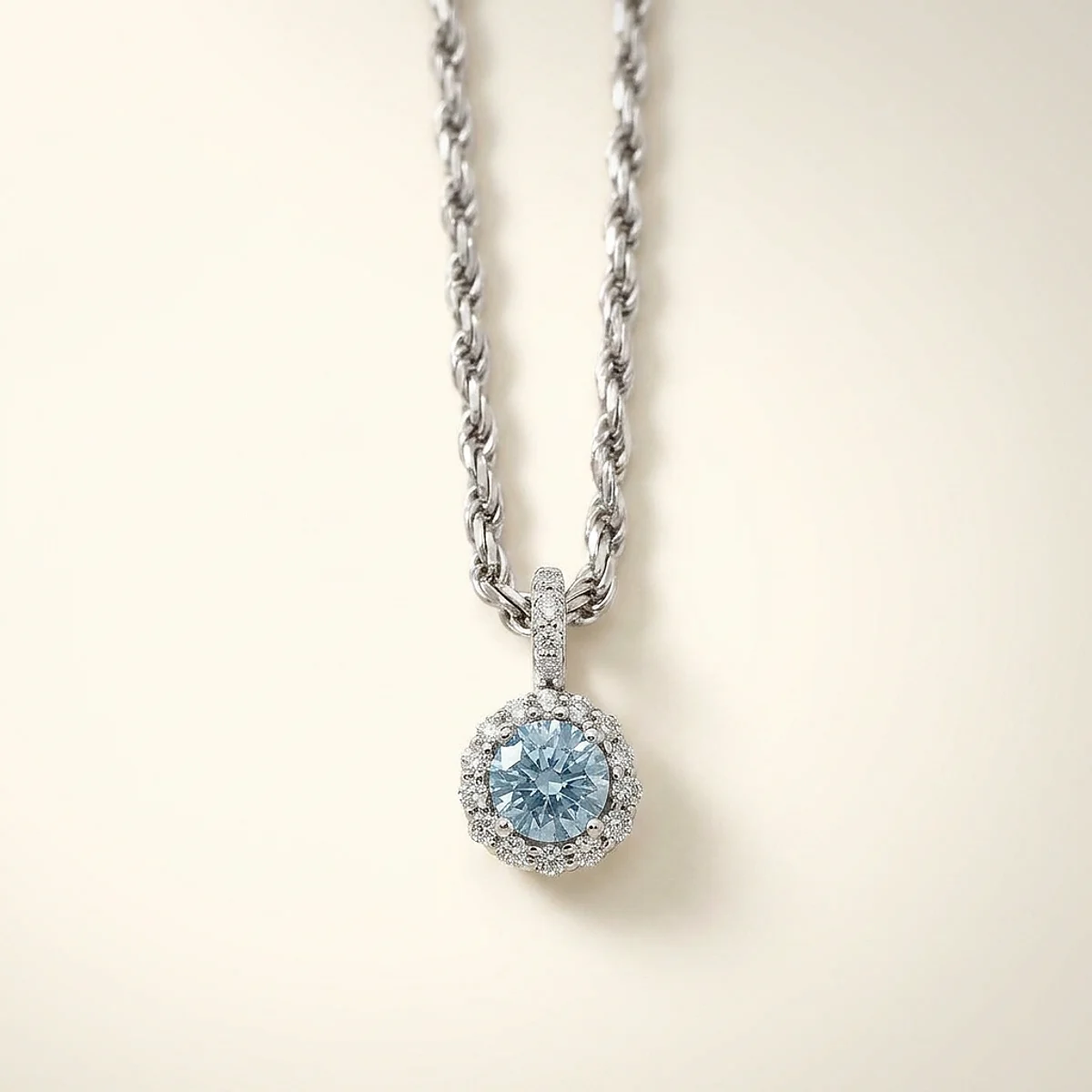 A .5ct blue round diamond on a white gold pendant, custom-designed by Eterneva to honor the remarkable Owen.