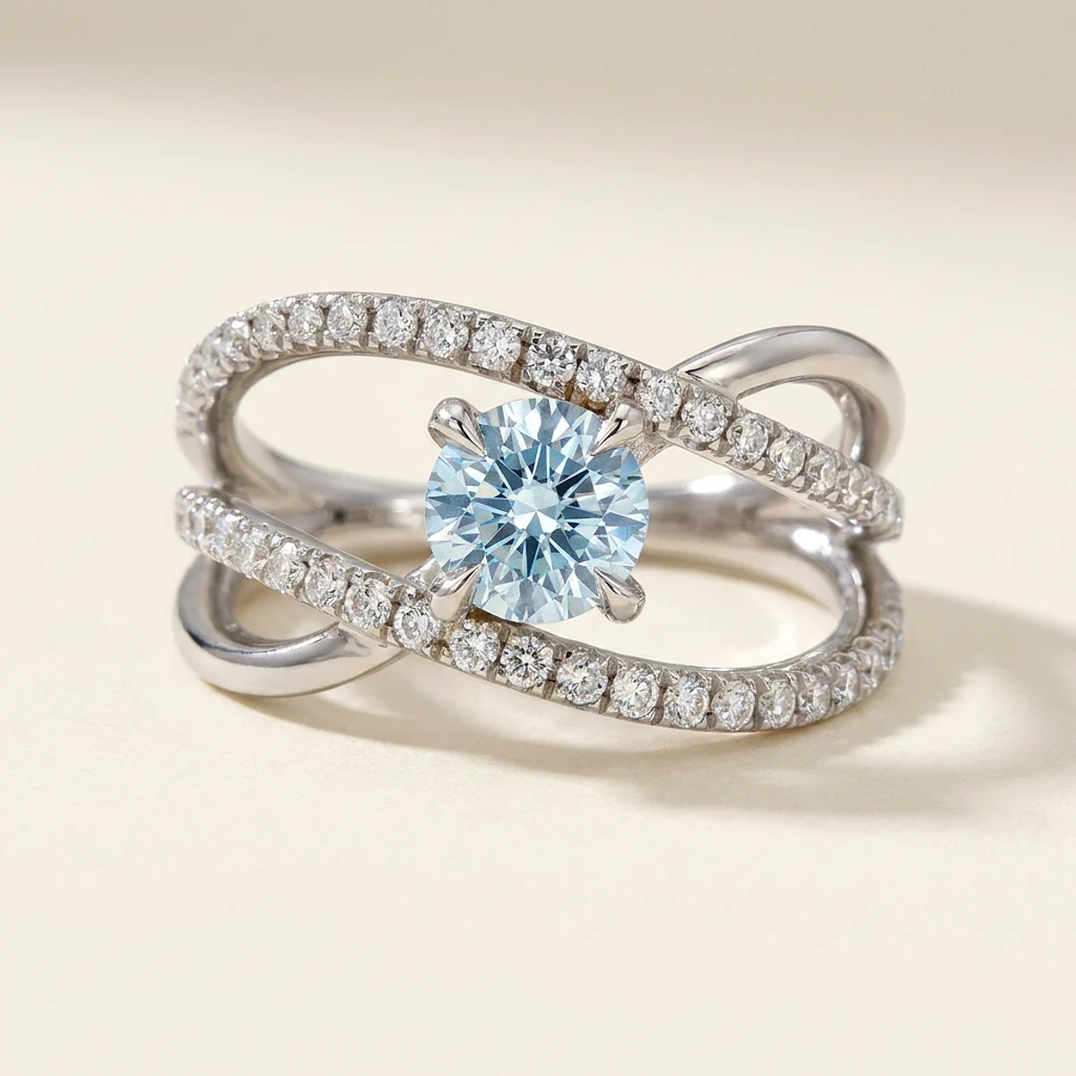 A .75ct blue round diamond on a white gold ring, custom-designed by Eterneva to honor the remarkable Philip.