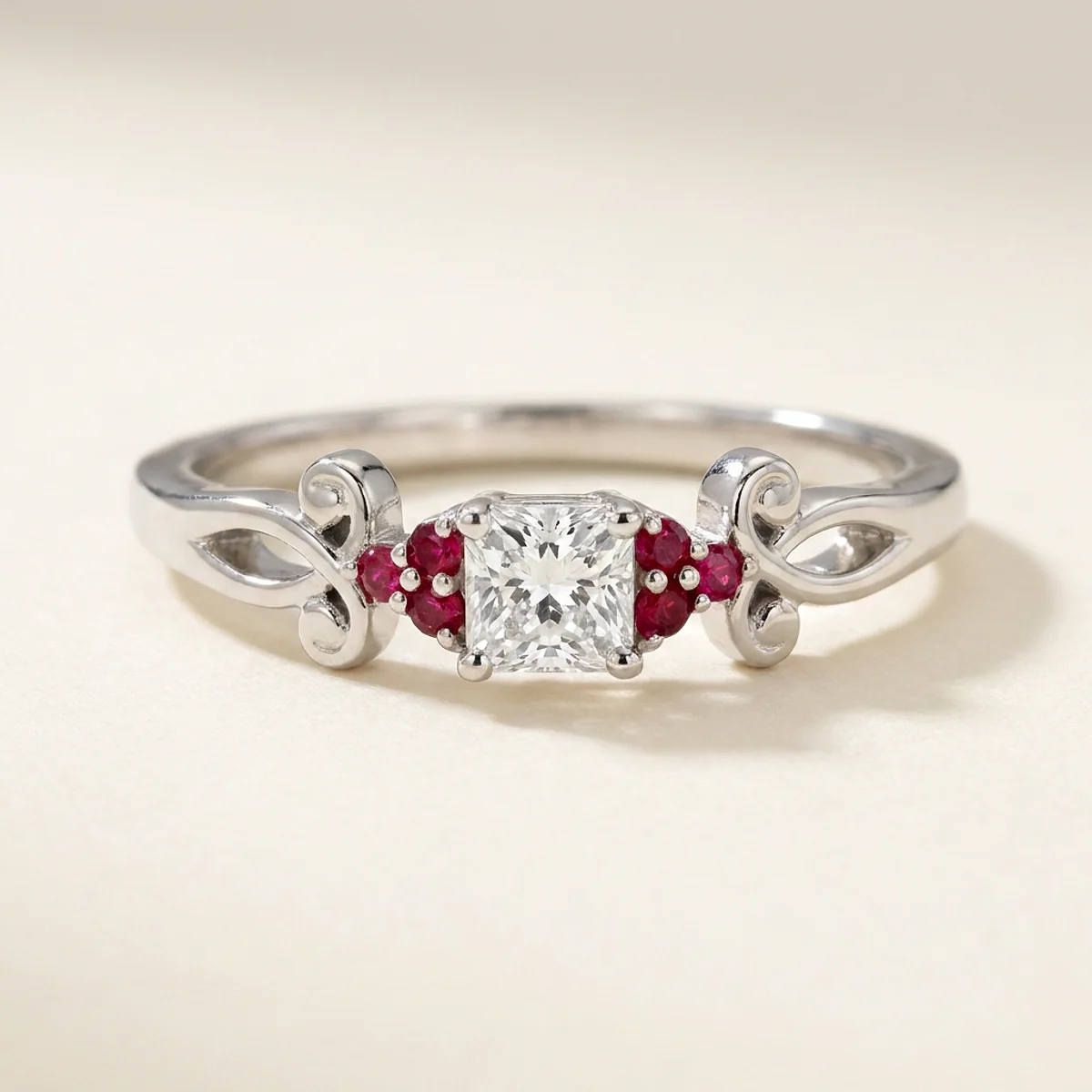 A .25ct colorless square radiant diamond on a white gold ring, custom-designed by Eterneva to honor the remarkable Rosalind.
