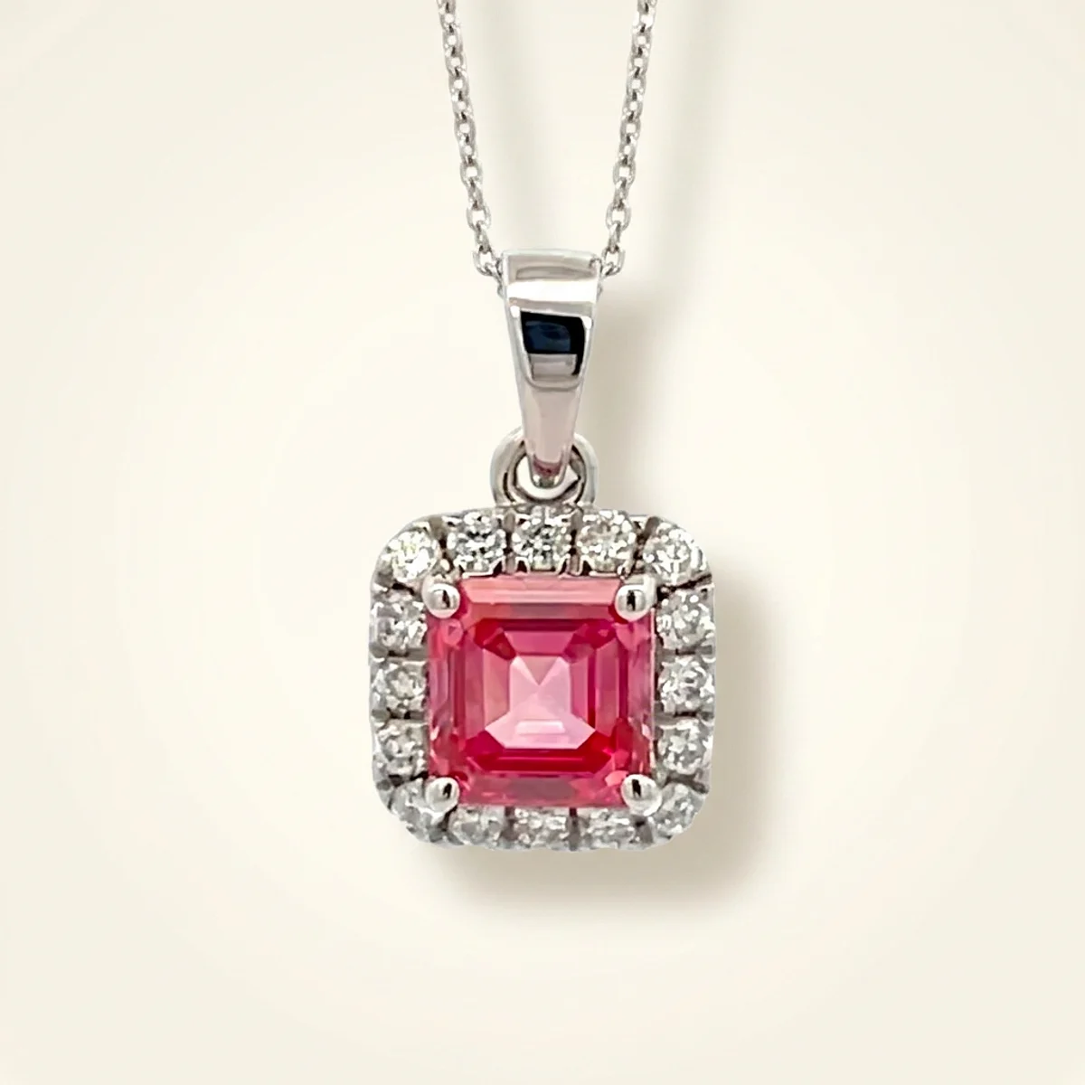 A .75ct pink asscher diamond on a white gold pendant, custom-designed by Eterneva to honor the remarkable Asher.