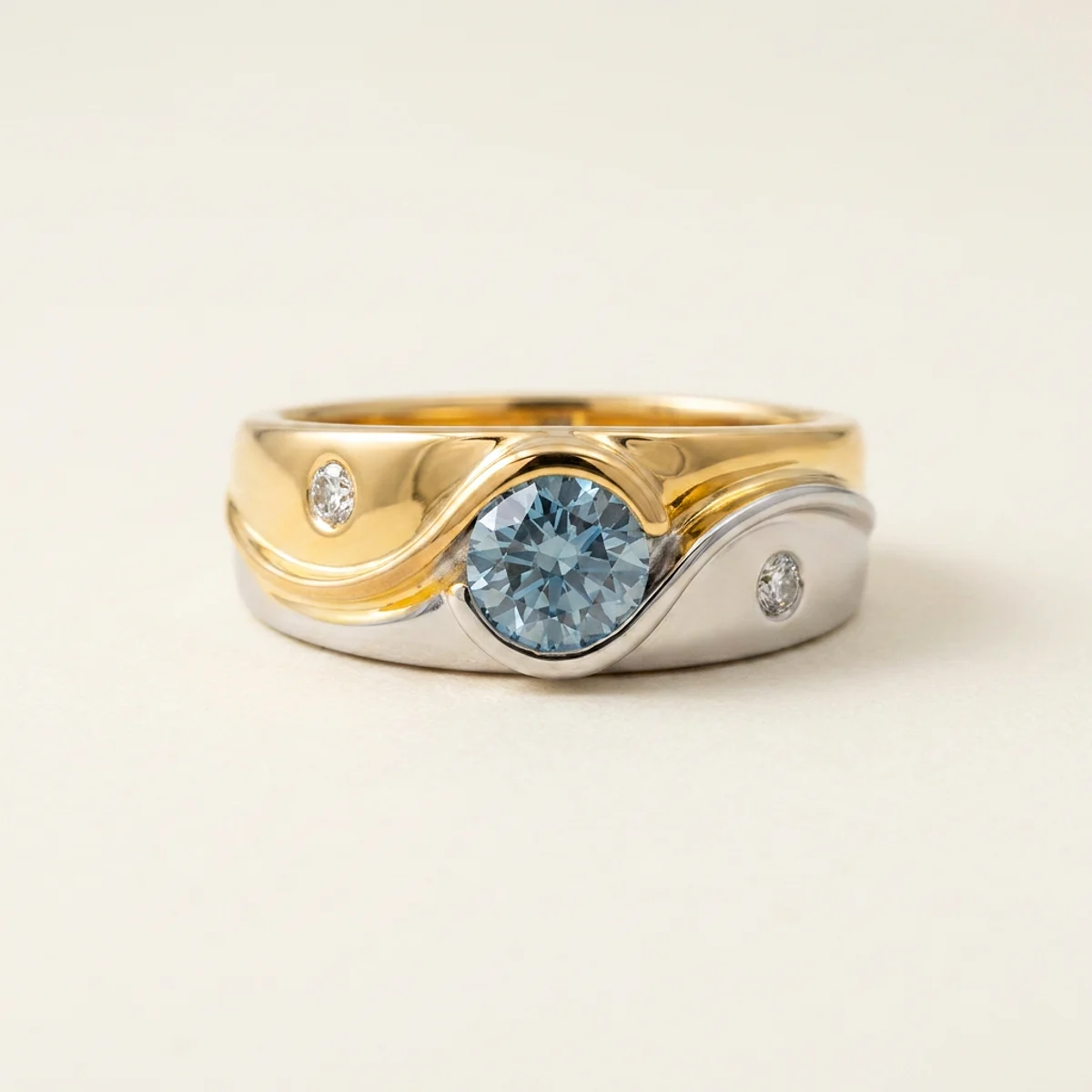 A .5ct blue round diamond on a mixed metal ring, custom-designed by Eterneva to honor the remarkable Laura.