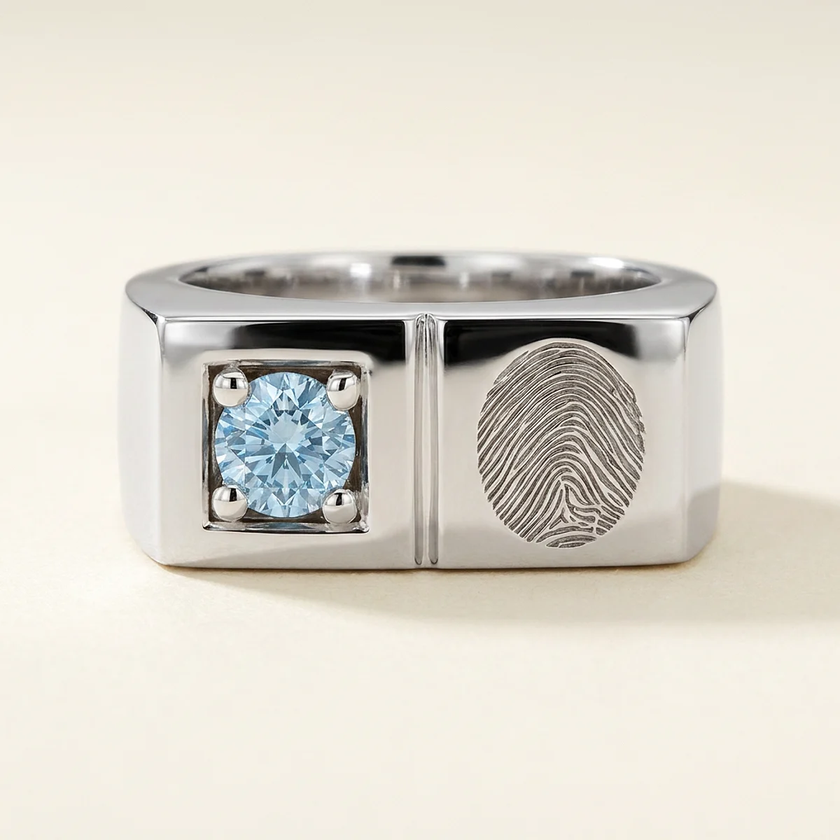 A .25ct blue round diamond on a white gold ring, custom-designed by Eterneva to honor the remarkable Teresa.