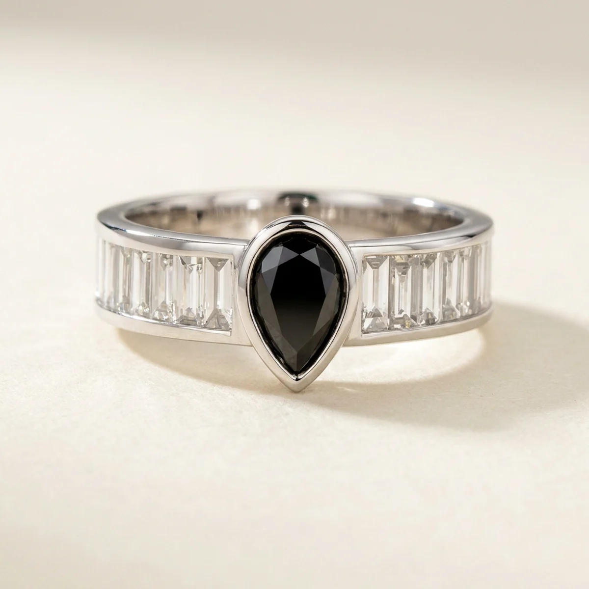 A .5ct black pear diamond on a white gold ring, custom-designed by Eterneva to honor the remarkable Phil.