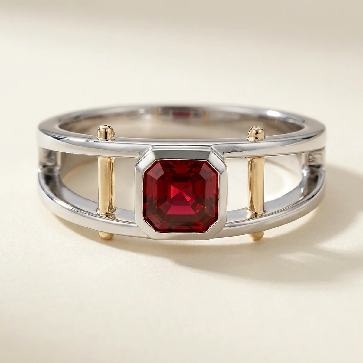 A .75ct red asscher diamond on a mixed metal ring, custom-designed by Eterneva to honor the remarkable Wayne.