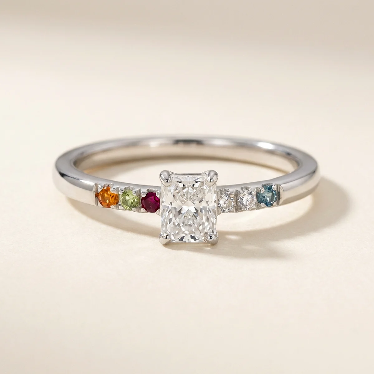 A .4ct colorless rectangular radiant diamond on a platinum ring, custom-designed by Eterneva to honor the remarkable Kenna.