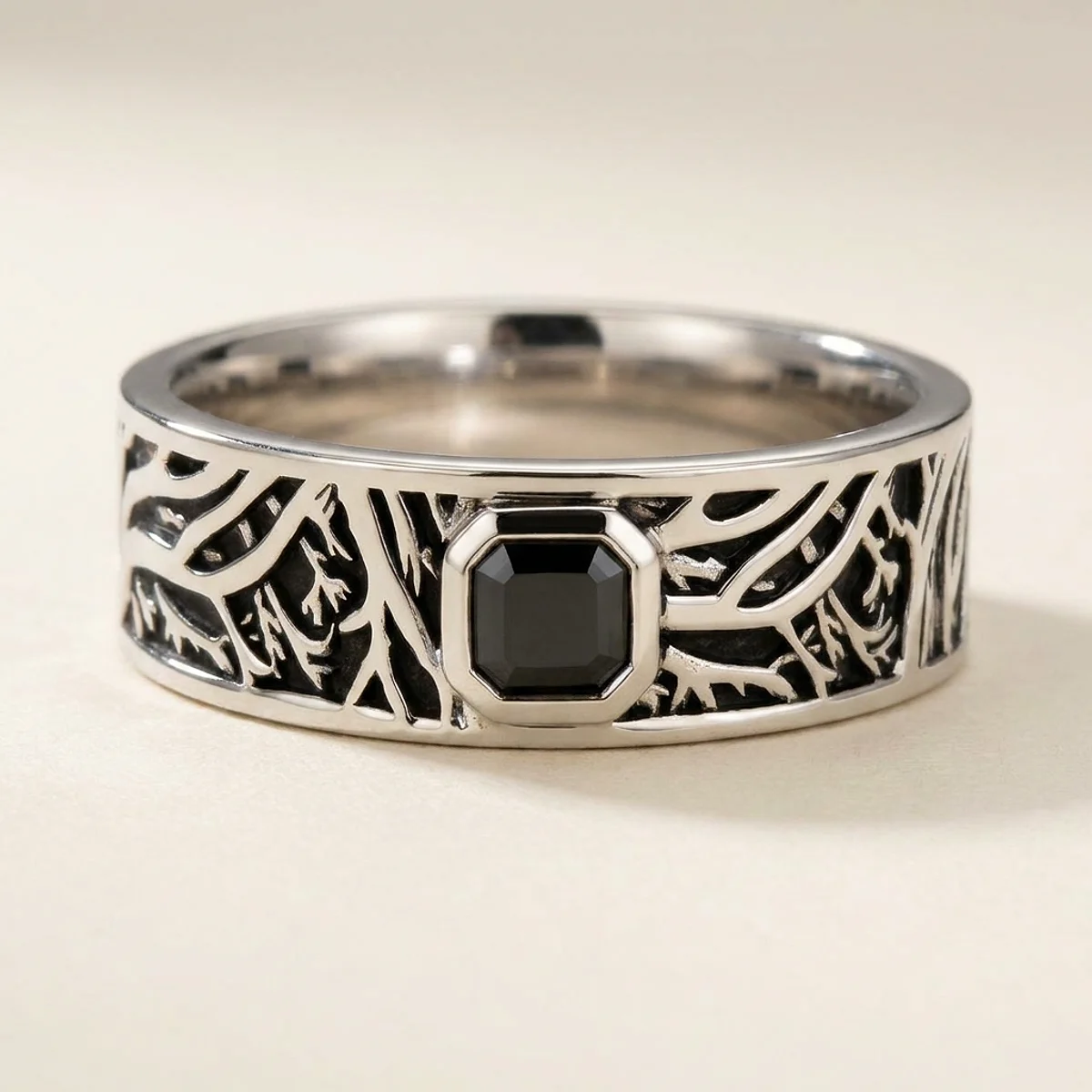 A .25ct black asscher diamond on a platinum ring, custom-designed by Eterneva to honor the remarkable Kenna.