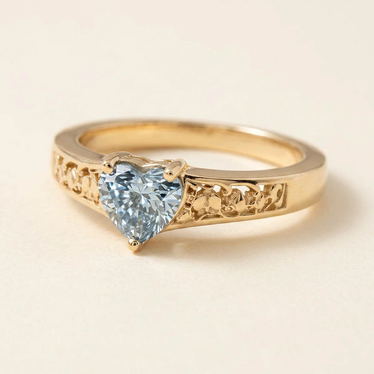 A .5ct blue heart diamond on a yellow gold ring, custom-designed by Eterneva to honor the remarkable Cherry.
