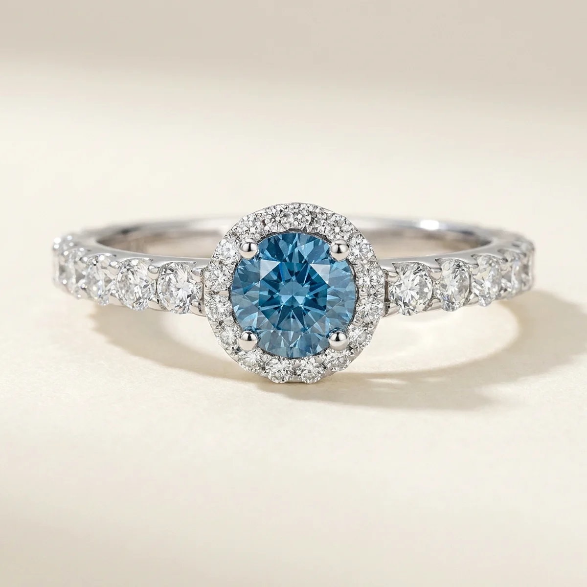 A .4ct blue round diamond on a white gold ring, custom-designed by Eterneva to honor the remarkable Kathryn.