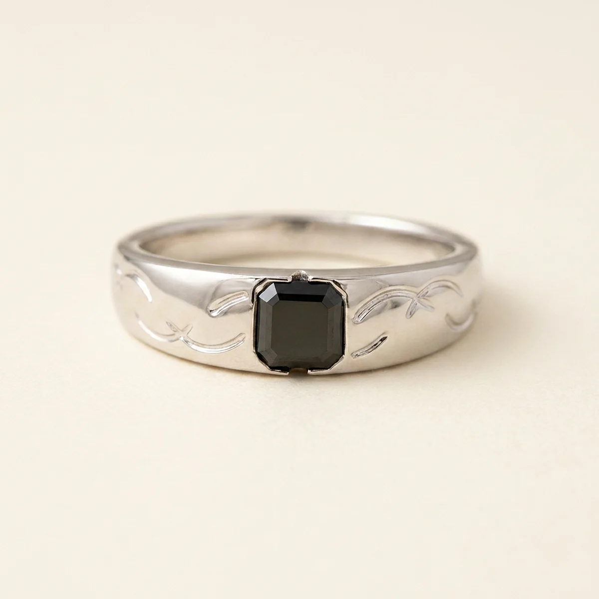 A .5ct black asscher diamond on a white gold ring, custom-designed by Eterneva to honor the remarkable Ignatius.