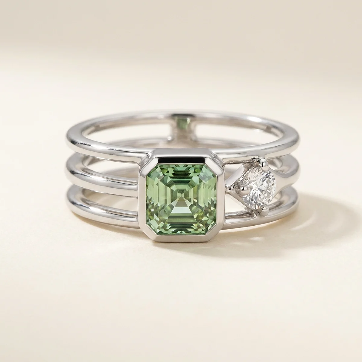 A 1ct green asscher diamond on a white gold ring, custom-designed by Eterneva to honor the remarkable Stefanie.