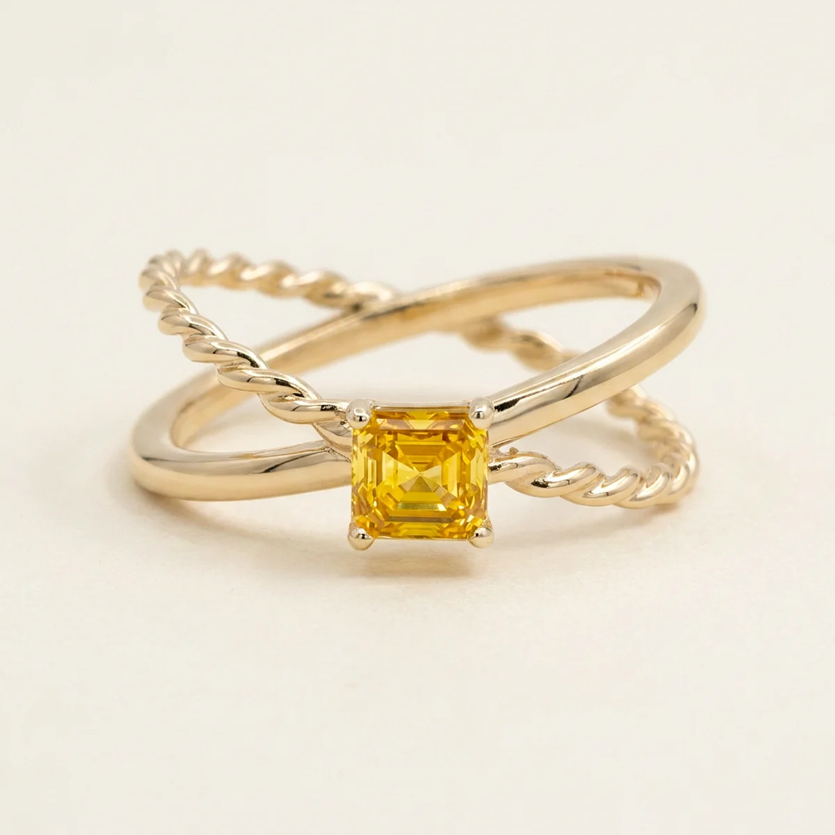 A .5ct yellow asscher diamond on a yellow gold ring, custom-designed by Eterneva to honor the remarkable Mary.