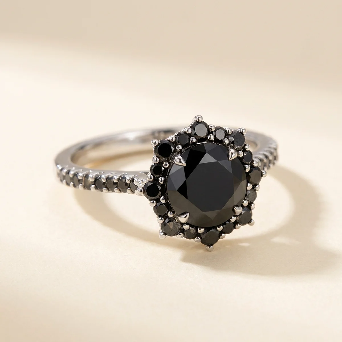 A 1ct black round diamond on a white gold ring, custom-designed by Eterneva to honor the remarkable Aileen.