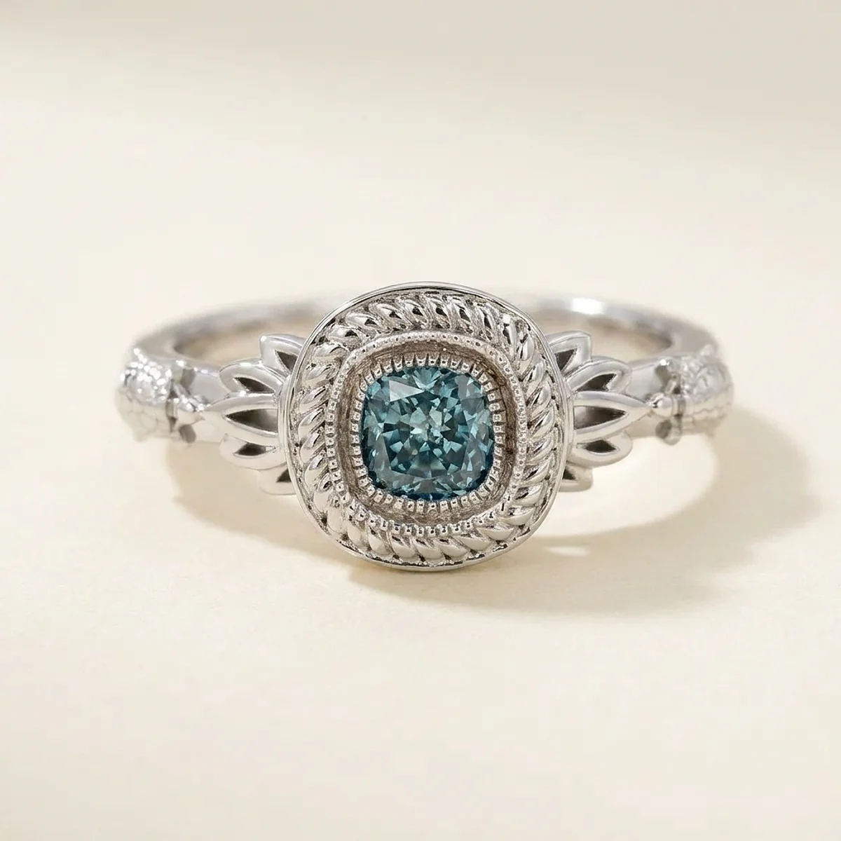 A .5ct blue cushion diamond on a white gold ring, custom-designed by Eterneva to honor the remarkable Patricia.