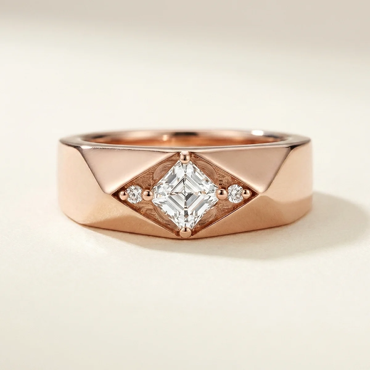 A .5ct colorless asscher diamond on a rose gold ring, custom-designed by Eterneva to honor the remarkable John.