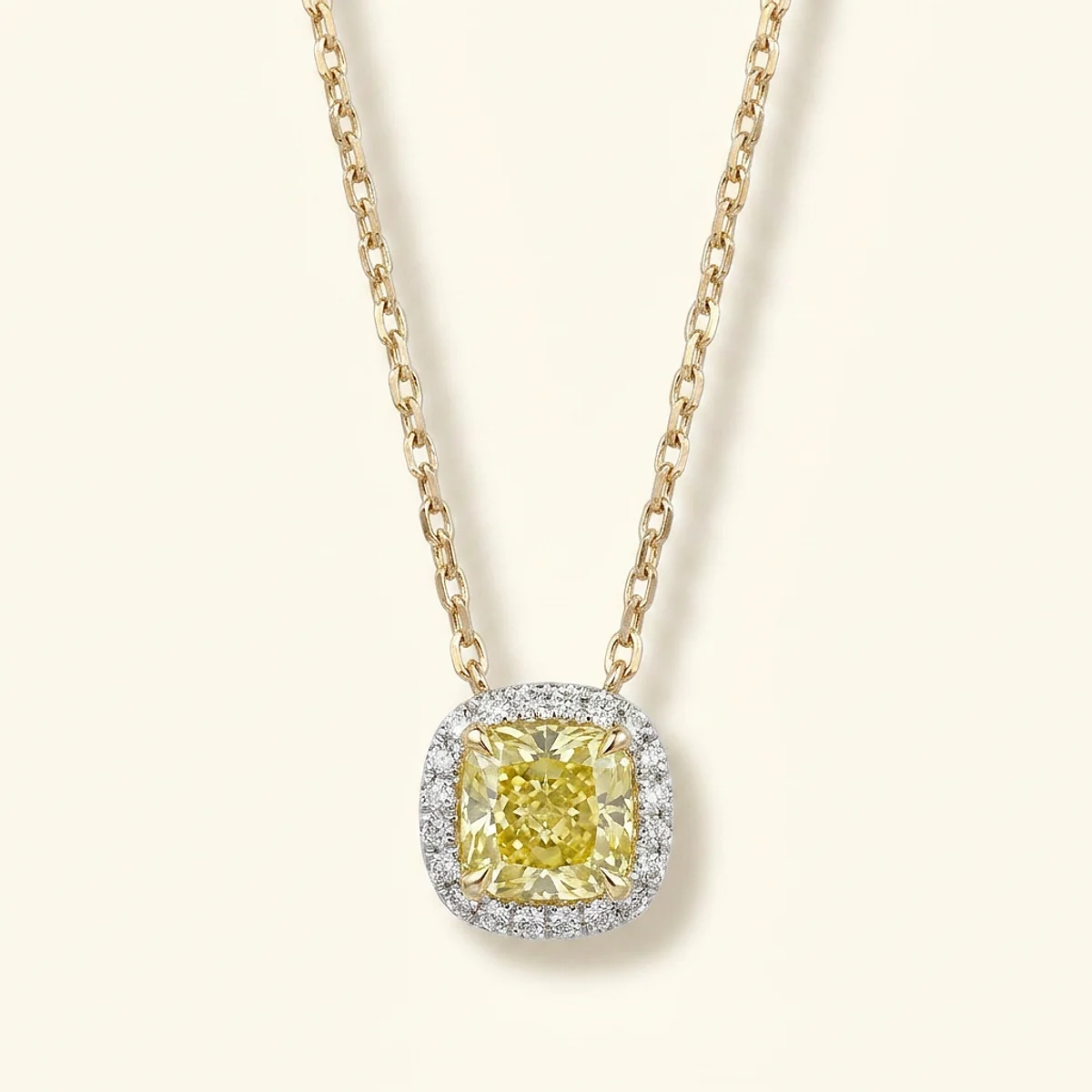 A .25ct yellow square radiant diamond on a yellow gold necklace, custom-designed by Eterneva to honor the remarkable Jo.