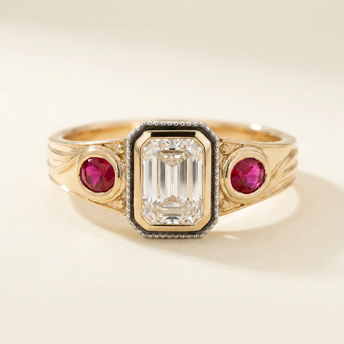A .75ct colorless rectangular radiant diamond on a yellow gold ring, custom-designed by Eterneva to honor the remarkable Sameer.
