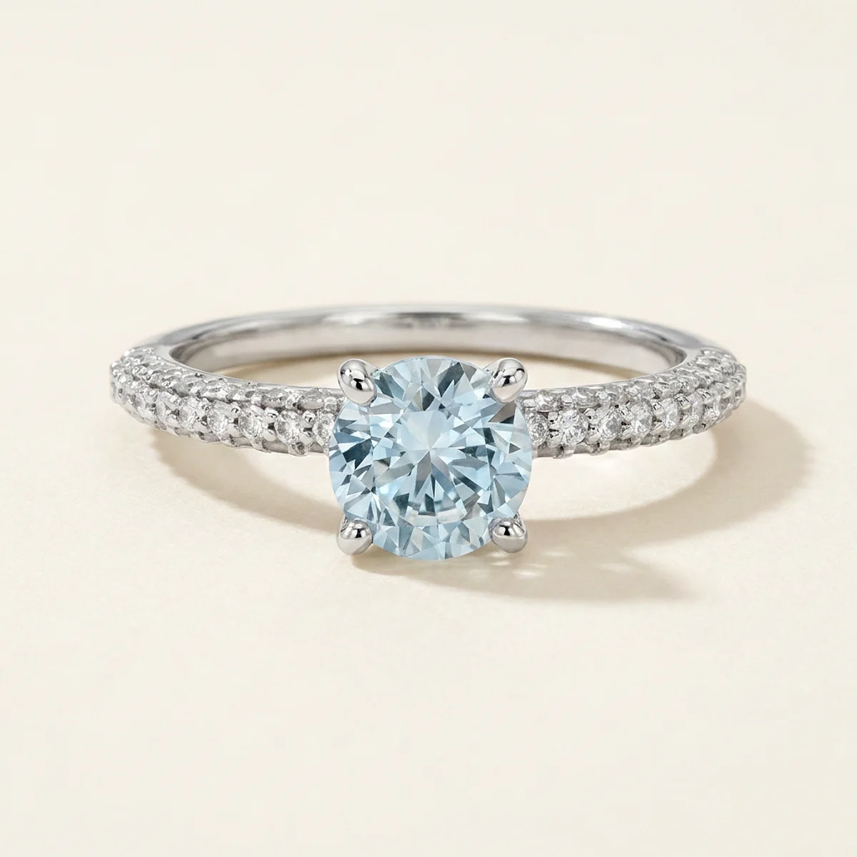 A .75ct blue round diamond on a white gold ring, custom-designed by Eterneva to honor the remarkable Lukah.