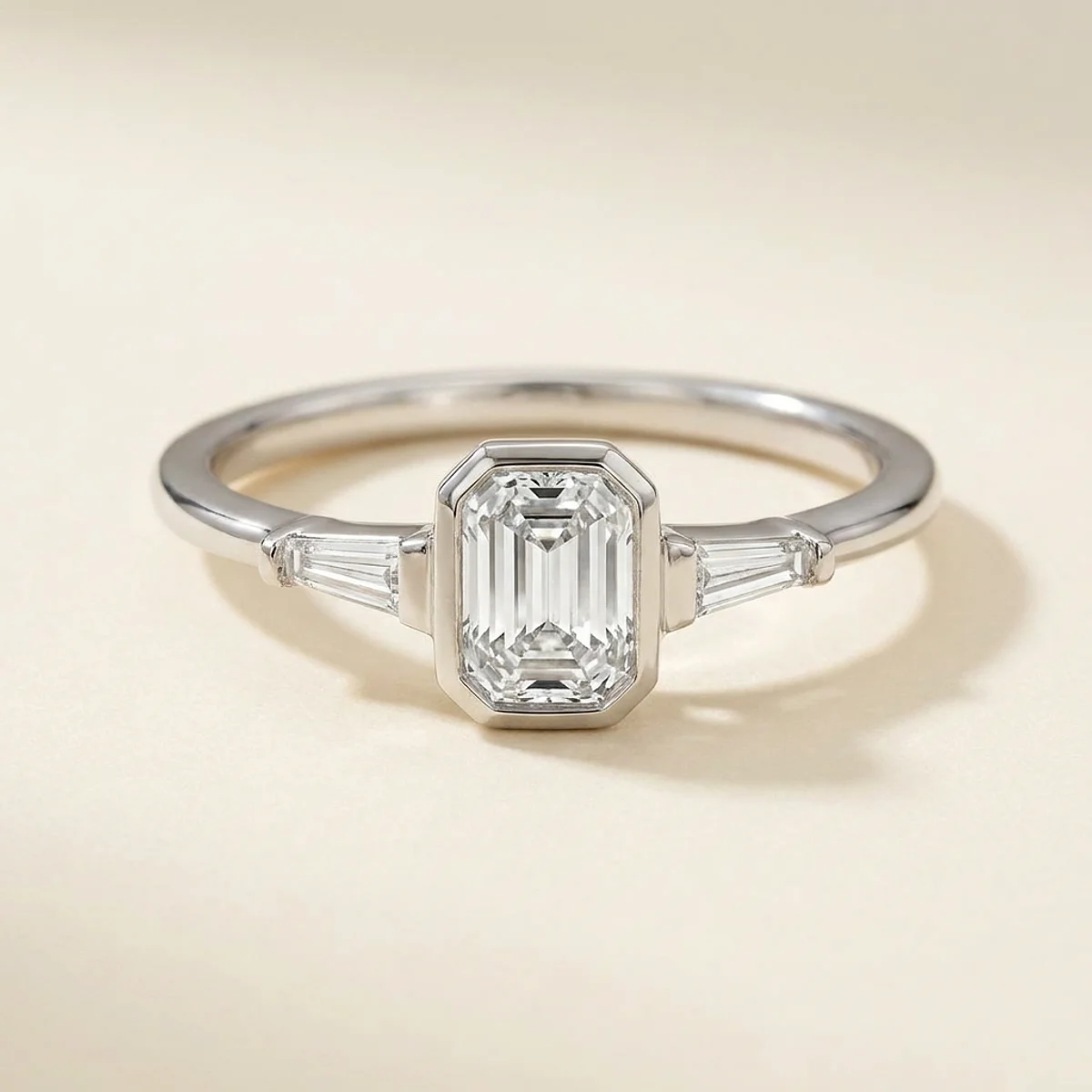 A .5ct colorless rectangular radiant diamond on a white gold ring, custom-designed by Eterneva to honor the remarkable Soulja.